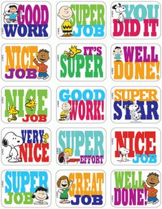 stickers with the words'good job'and cartoon characters in different colors on them