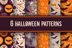 six halloween patterns with pumpkins, bats and ghost faces on them in orange and purple colors