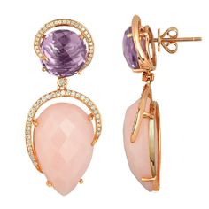 Stunning Pink Opal and Amethyst Stone Earrings surrounded by Diamonds set in 14K Rose Gold. There are 0.62ct in Diamonds, 26.13ct in Pink Opals, & 9.03ct in Amethyst. The earrings measure 1.5" x 0.75". The earrings weigh 13.5 grams. Pink Diamond Earrings, Stars Jewelry, Pink Opal Earrings, Unique Dangle Earrings, Rose Gold Drop Earrings, Opal Drop Earrings, Chalcedony Earrings, Heart Drop Earrings, Diamond Star