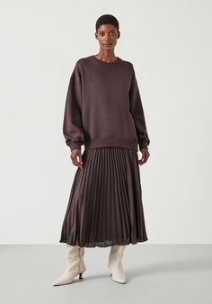 Gabriela Pleated Skirt Sweatshirt Dress Casual Pleated Skirt Dress For Fall, Chic Dresses With Relaxed Fit And Crew Neck, Chic Crew Neck Dress With Relaxed Fit, Chic Relaxed Fit Dress With Crew Neck, Casual Fall Dresses With Pleated Skirt, Chic Fall Dress With Voluminous Skirt, Fall Midi-length Dresses With Relaxed Skirt, Fall Dresses With Pleated Relaxed Skirt, Fall Pleated Dresses With Relaxed Skirt