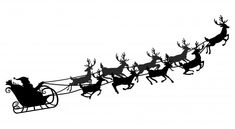 a black and white silhouette of santa's sleigh with his reindeers