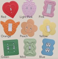 the different types of light switches are shown in various colors and shapes, including red, pink, orange, yellow, green, blue