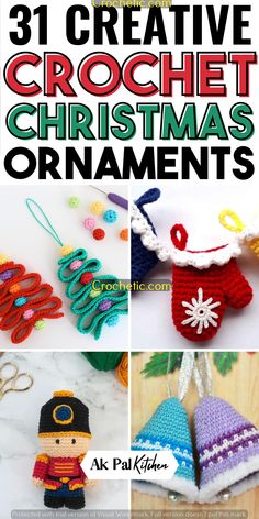 crochet christmas ornaments with text overlay that reads 31 creative crochet christmas ornaments