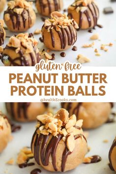 peanut butter protein balls with chocolate drizzled on top and nuts in the middle