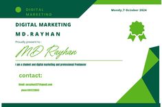 a green and white certificate with the words, digital marketing md rayhan on it