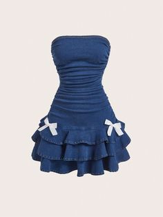 Women's Summer Denim Dress With Bowknot Decor, Ruffle Hem Dark Wash Casual  Sleeveless Denim Colorblock,Plain A Line,Bodycon,Fitted Medium Stretch  Women Clothing, size features are:Bust: ,Length: ,Sleeve Length: Summer Denim Dress, Bubu Gown Styles, Denim Dress Summer, Womens Denim Dress, Summer Bodycon Dress, Jean Dress, Summer Denim, Shein Dress, Camisole Dress