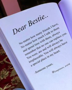 an open book with the words dear bestie written on it