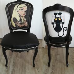 two black chairs with cartoon characters painted on the back one has a cat and the other is a mouse