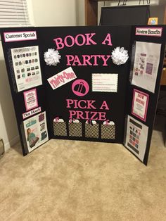 a black board with pink and white writing on it that says book a party pick a prize