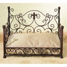 Iron Pet Day Bed in Antique Brown with Fleur de Lis Accent - Decorative Iron Dog Bed | oak7west.com Iron Dog Bed, Wire Doll, Fancy Dog Beds, Wood Dog Bed, Luxury Pet Beds, Designer Dog Beds, Puppy Beds, Fancy Dog, Pet Ideas