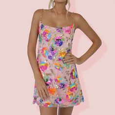 Taylor Sequin Floral Dress – Juniper Flower Sequin Dress, Backless Short Dress, Festival Mode, Mini Cami Dress, Backless Mini Dress, Tank Top Dress, Mesh Overlay, Pastel Flowers, Cowl Neckline