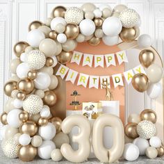 a birthday cake surrounded by balloons and streamers with the number 30 on it's front