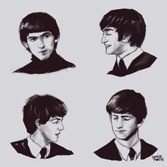 the beatles are drawn in black and white to look like they're from an album