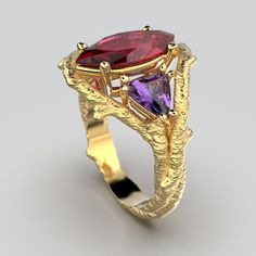 Nature's Embrace Gold Ring with Rhodolite Garnet and Amethyst.Elevate your connection to nature with our exquisite Nature's Embrace Gold Ring, a masterpiece designed and crafted by Oltremare Gioielli in the heart of Italy. This solid gold ring is made to order in your choice of 14k or 18k gold, available in radiant yellow, delicate rose, or timeless white gold.Design: The ring is fashioned from a nature-inspired twig that delicately wraps around and protects the three stunning gemstones.Craftsmanship: Meticulously designed and handcrafted in Italy by Oltremare Gioielli, known for their exceptional artistry and attention to detail. Material: Choose between 14k or 18k gold 1 Natural Marquise Cut Rhodolite Garnet (3 carats) 14mm x 7mm x 4 mm 2 Trillion Cut Amethysts (2 carats total weight) 7m