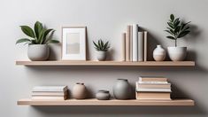 three shelves with books, vases and plants on them