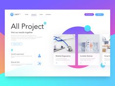 the website design for all project is displayed on an abstract background with blue and pink colors