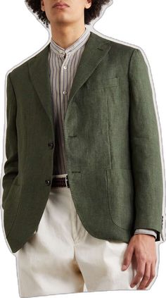 Formal Green Linen Blazer, Green Linen Blazer For Formal Occasions, Timeless Linen Blazer With Lapel Collar, Linen Outerwear With Pockets For Business Casual, Business Linen Outerwear With Pockets, Business Casual Linen Outerwear With Pockets, Green Linen Blazer For Tailoring, Linen Outerwear With Patch Pockets And Suit Collar, Linen Outerwear With Button Closure For Business Casual