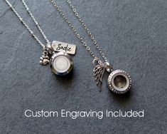 two necklaces with charms on them that say, custom engraving includes an angel charm