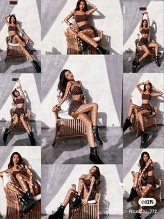 several photos of a woman sitting on a chair with her legs crossed and wearing high heels