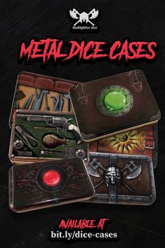 metal dice cases are shown in this advertisement