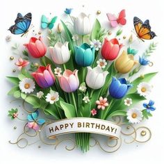 a bouquet of colorful flowers with butterflies on the top and happy birthday banner below it