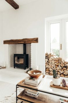 a living room filled with furniture and a fire place in front of a wood burning stove