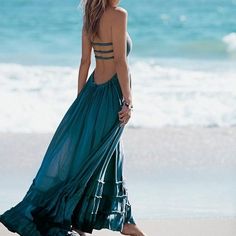 Long, Flowing, Teal Maxi Dress With Gathered Bust, Ruffled Hem And Spaghetti Straps Bohemian People, White Bohemian Dress, Flowy Summer Dresses, Ankle Length Skirt, Bohemian Maxi, Bohemian Maxi Dress, Outfit Look, Dress Spaghetti, Boho Maxi