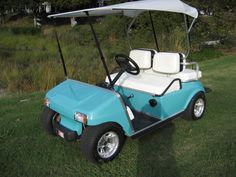 a blue and white golf cart parked in the grass