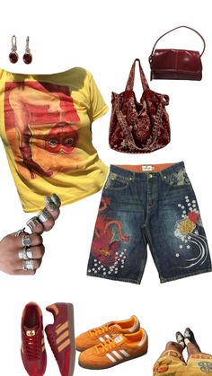 a woman's clothing and accessories including shoes, handbag, purse, t - shirt