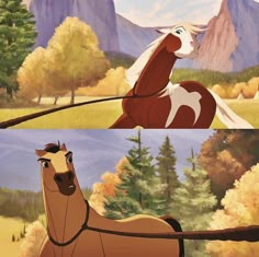 the horse from spirit is being chased by another horse in an animated scene with trees and mountains behind it