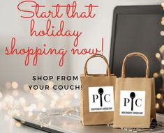 two shopping bags sitting on top of a laptop computer with the words start that holiday shopping now shop from your couch