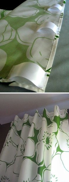 the curtains are being made with green and white flowers