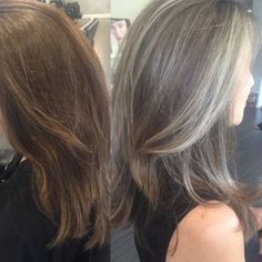 blending in greys in brown hair - Yahoo Search Results Going Gray Gracefully, Highlight Ideas, Hair Transition, Covering Gray Hair, Silver Highlights, Going Grey, Gray Hair Growing Out, Silver Grey Hair, Transition To Gray Hair