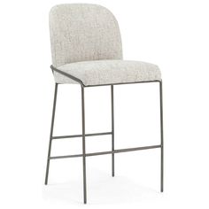 an upholstered bar stool with grey fabric and metal frame, viewed from the front