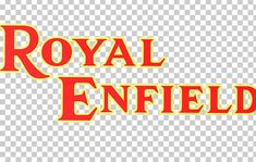 the royal enfield logo with red and yellow letters on it, against a white background