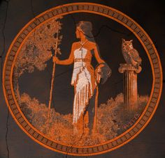 an ancient greek painted on the side of a building with a owl perched on it's shoulder