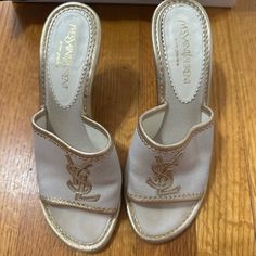 Authentic Great Condition Euro Size 36 With Box And Dust Bag Yves Saint Laurent Shoes, Ysl Logo, Gold Cream, Saint Laurent Shoes, Cream And Gold, Women's Shoes Sandals, Yves Saint Laurent, Shoes Sandals, Slides