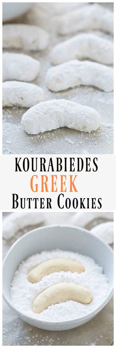 a bowl filled with white powder next to cookies on top of a table covered in sugar