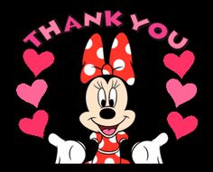 a minnie mouse with hearts and the words thank you