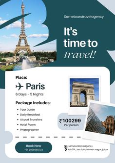 an advertisement with the eiffel tower in paris on it's time to travel