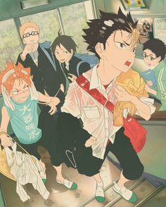 an anime character holding a stuffed animal in front of other characters on a subway car