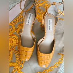 So Pretty Shoes. Beautiful By Color And Design. Very Comfy. Leather. Ultra Feminine Style #Antonio Melani #Heels #Shoes #Mustard #Yellow #Crocodile #Leather #Luxury #Contemporary #Feminine #Retro #Vintage Luxury Yellow High Heels, Yellow Round Toe Heels For Work, Yellow Formal Heels Medium Width, Yellow Medium Width Heels For Formal Occasions, Yellow Medium Width Formal Heels, Formal Yellow Medium Width Heels, Yellow Heels With Sculpted Block Heel, Fitted Yellow Heels With Heel Strap, Yellow Medium Width High Heels