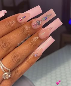 Pink Nails With Pink Rhinestones, Light Pink Acrylic Nails With Rhinestone, Tapered Square Nails Rhinestone, Pink French Nails With Gems, Simple Pink Nails With Rhinestones, Simple Gem Designs On Nails, Square Acrylic Nails Gems, Pink Nails Acrylic With Rhinestones, Pink French Nails With Rhinestones