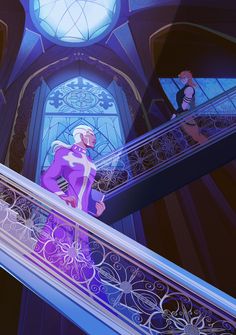 an animated image of two people walking down the stairs in front of a stained glass window