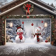 two snowmen standing in front of a garage decorated for christmas with decorations on it