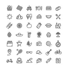 Picnic Black Thin Line Icon Set. Vector Routine Planer, Coloring Book Inspiration, Graphic Design Portfolio Layout, Design Portfolio Layout, Picnic Spot, Goal Planner, Portfolio Layout, Mini Drawings, Icon Set Vector