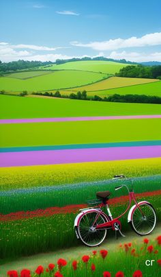 a painting of a bike parked in the middle of a field with colorful fields behind it