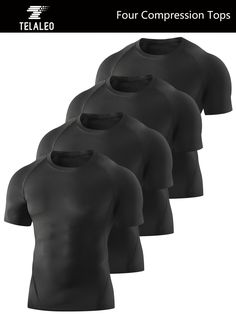 Introducing our Men's 4Pack Solid Stretch Compression Workout Shirts, designed to enhance your performance and comfort during any workout or sports activity. These shirts are made with a high-quality polyester material that provides medium stretch and a skinny fit, perfect for adult athletes all year round. Benefits of our Men's 4Pack Solid Stretch Compression Workout Shirts: Boost your performance with the compression technology that supports your muscles and reduces fatigue Stay comfortable during intense workouts with the breathable and moisture-wicking fabric Look stylish with the solid color design that is perfect for any sports scene Easily care for your shirts with machine wash instructions and enjoy the durability of the knit fabric Experience a flattering fit with the crew neck an Black Fitted Dri-fit T-shirt, Technical Compression T-shirt With Moisture-wicking, Functional Short Sleeve Top For Sports Events, Black Compression T-shirt With Moisture-wicking, Moisture-wicking Snug Fit Sports T-shirt, Moisture-wicking Snug Fit T-shirt For Sports, Black Dri-fit Short Sleeve Activewear, Compressive Short Sleeve T-shirt For Training, Technical Short Sleeve Activewear For Sports