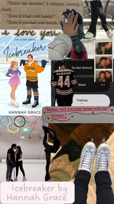 the collage shows people in different sports uniforms and their feet are shown with text that reads icebreakerer by hannah grace