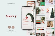 the merry christmas instagram is displayed on an iphone with holiday cards and other items